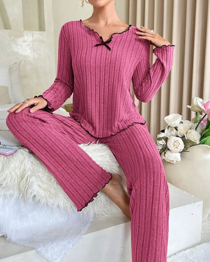 Ravelle Ribbed Ruffle Trim Pajama Set