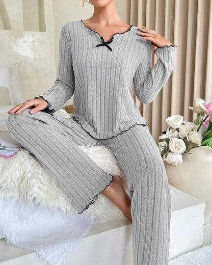 Ravelle Ribbed Ruffle Trim Pajama Set