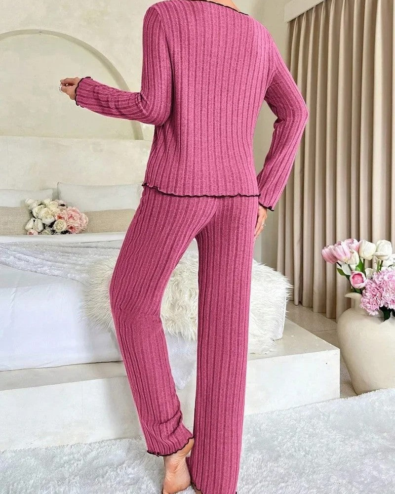 Ravelle Ribbed Ruffle Trim Pajama Set