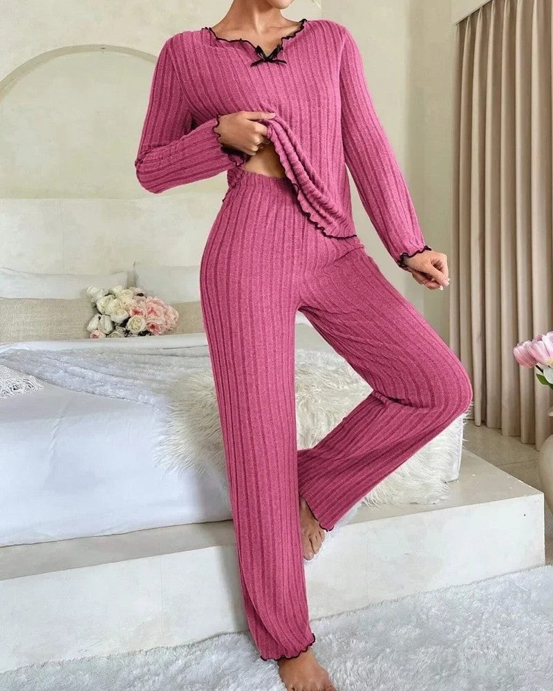 Ravelle Ribbed Ruffle Trim Pajama Set