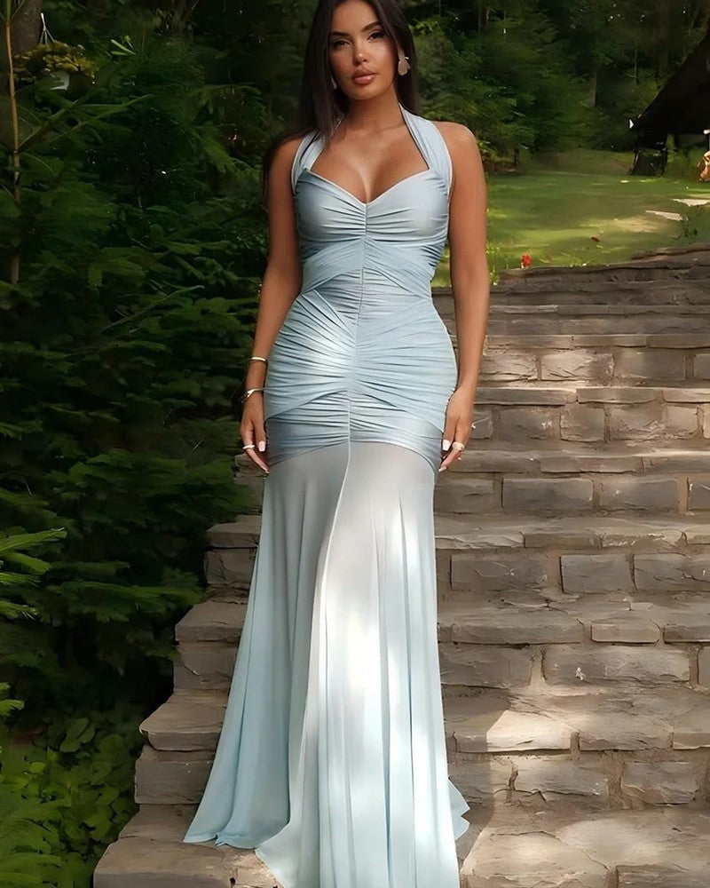 Serelina Ruched Mesh Halter Gown