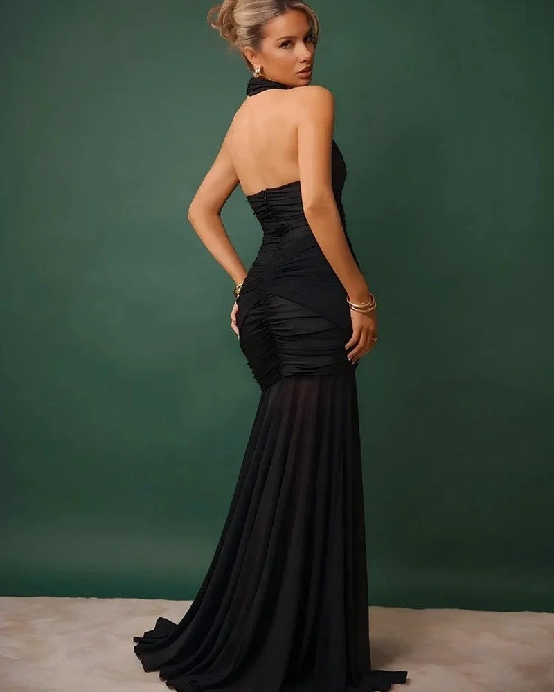 Serelina Ruched Mesh Halter Gown