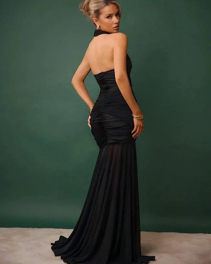 Serelina Ruched Mesh Halter Gown