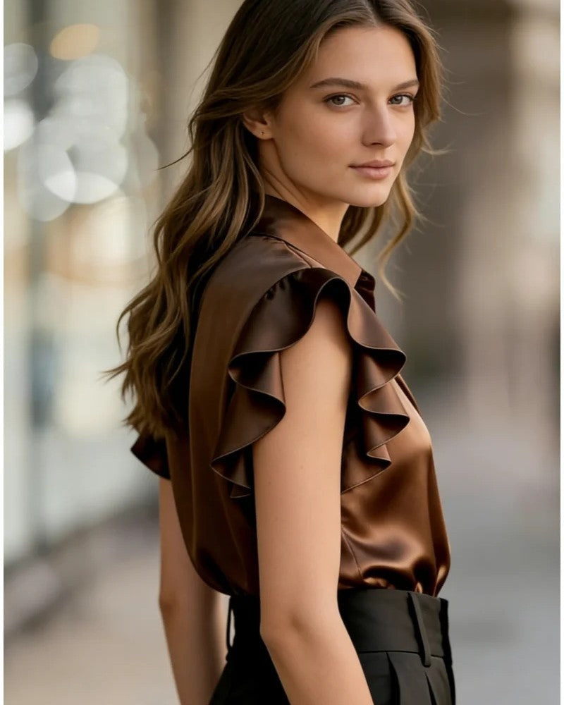 Valenza Ruffle Sleeve Satin Blouse