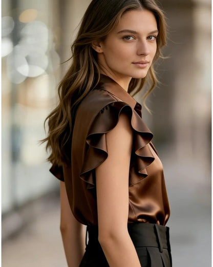 Valenza Ruffle Sleeve Satin Blouse