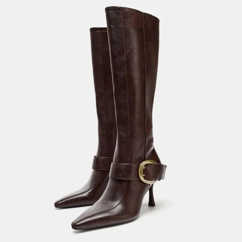 Verena Buckle Strap Leather Knee Boots
