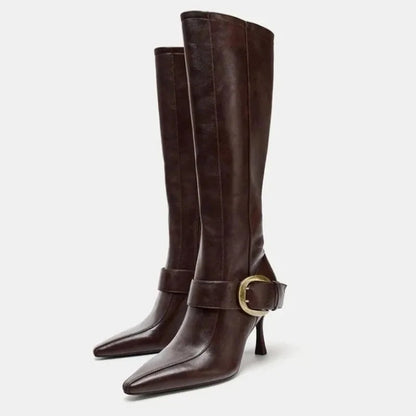 Verena Buckle Strap Leather Knee Boots