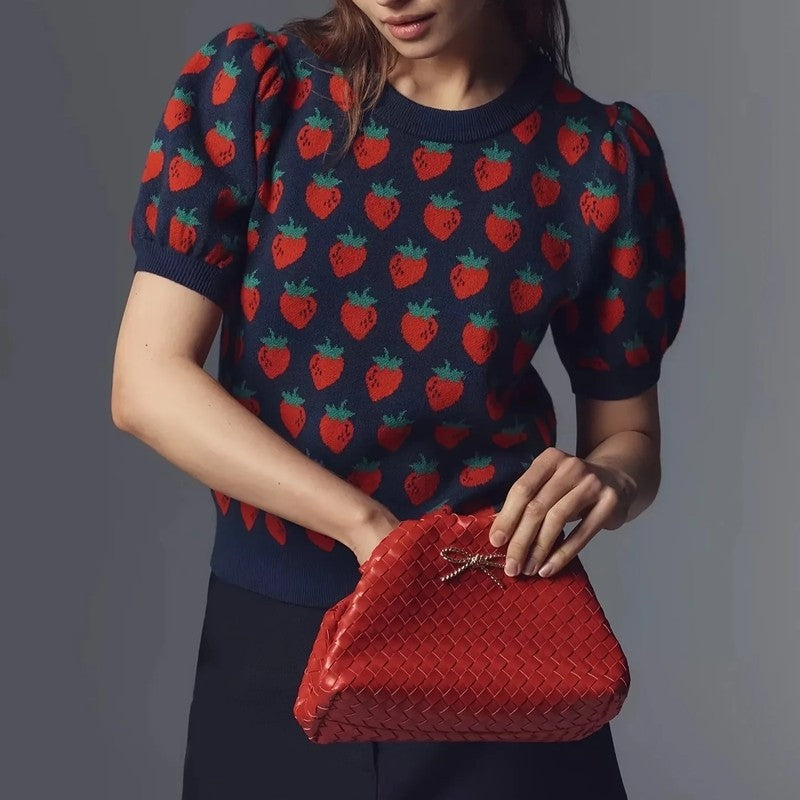 Viondra Puff Sleeve Strawberry Knit Sweater