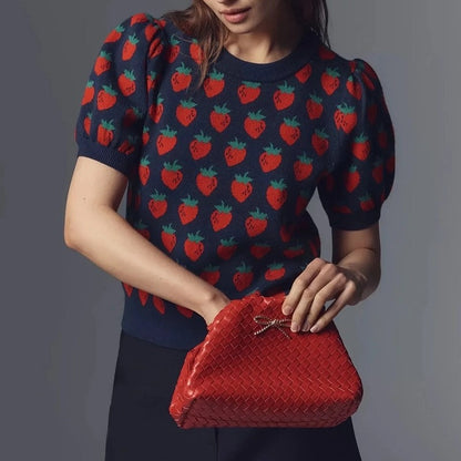 Viondra Puff Sleeve Strawberry Knit Sweater