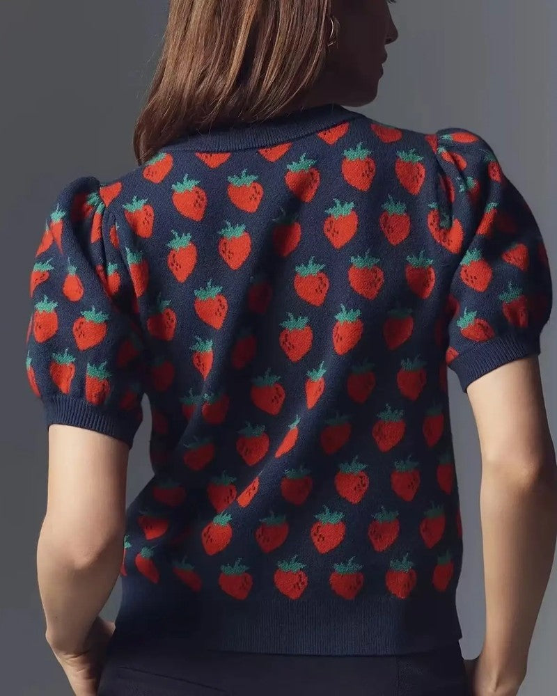 Viondra Puff Sleeve Strawberry Knit Sweater