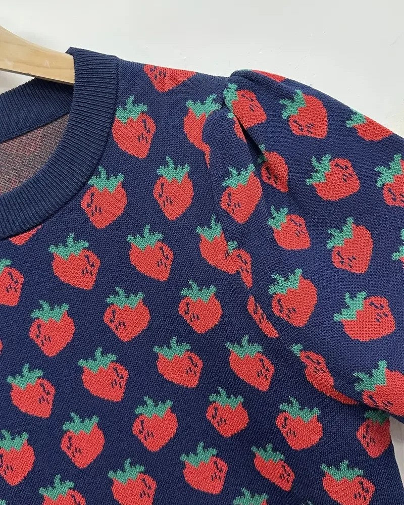 Viondra Puff Sleeve Strawberry Knit Sweater